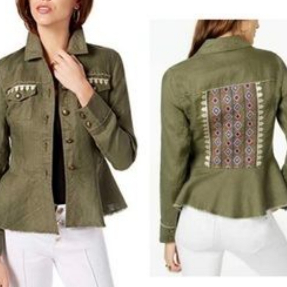 INC Military Peplum Embroidered Linen Boho Green Long Sleeve Jacket Size Large